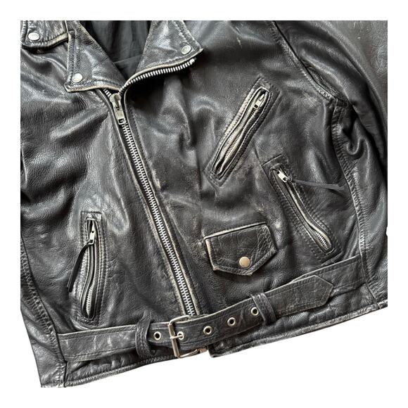 Vintage Perfectly Worn Black Leather Belted Motorcycle Jacket Men’s Large - Picture 5 of 10